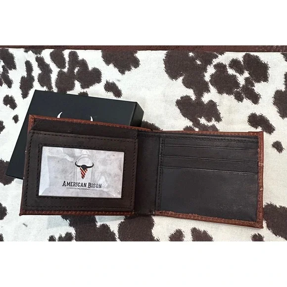 American Bison Mens Genuine Leather Bifold Wallet Brown Western RFID Secure NEW - Picture 4 of 6